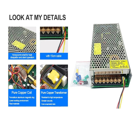 No Fuss Heavy Duty 240W DC Switching Power Supply With Adjustable 0 To 48V Output 5 Amps Max Draw plug and play cord detail images.