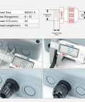 All Weather Waterproof Cable Gland Kit M20x1.5 For 6 To 12mm Cables shown with IP66 nylon glands and measurement details.