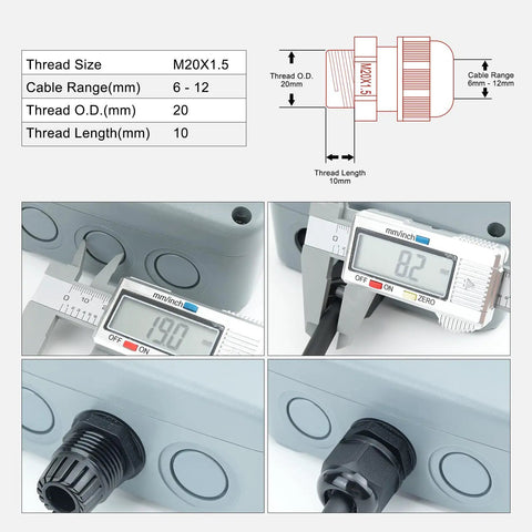 All Weather Waterproof Cable Gland Kit M20x1.5 For 6 To 12mm Cables shown with IP66 nylon glands and measurement details.