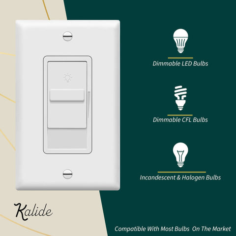 Smooth Dimmer Switch For 200W LED And CFL Lights, No Brainer Easy Install Single Pole Slide Dimmer, No Neutral Required, Wall Plate Included, UL Listed, 10 Pack, White Finish