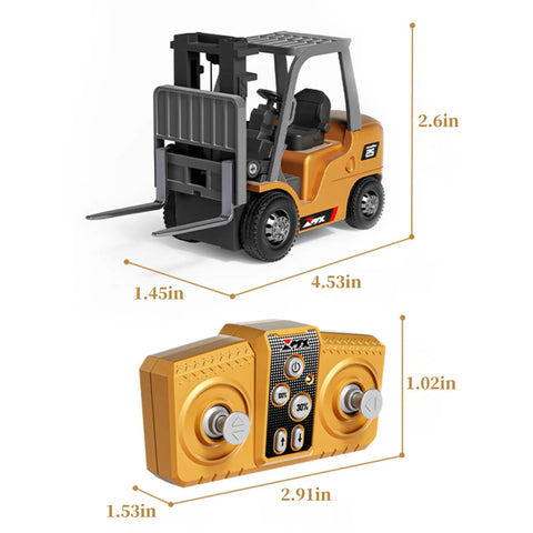 One Sixty Fourth Scale Alloy RC Forklift Toy With Lights And Sounds Two Point Four Gigahertz Remote Control Truck With 7 Channel 2 In 1 Transformable Lift And Fork Crane Rechargeable Battery Great For Kids And Adults shown with remote control