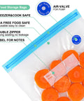 Reusable BPA Free Vacuum Sealer Bags Set With Double Zipper Seal 8.5x8.5 Inches Microwave Safe, showing air valve and carrots inside