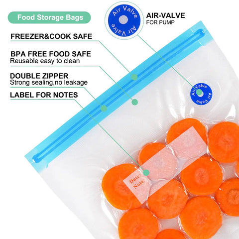 Reusable BPA Free Vacuum Sealer Bags Set With Double Zipper Seal 8.5x8.5 Inches Microwave Safe, showing air valve and carrots inside
