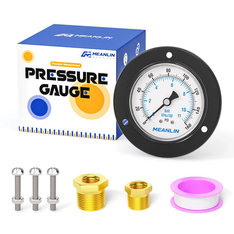 Beefy 0 to 160 PSI Dry Pressure Gauge With Front Flange Panel Mount One Quarter NPT Two and a Half Inch Dial Iron Case Brass Joints
