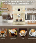 20 Bar Espresso Machine With Milk Frother Steam Wand For Latte And Cappuccino 2 In 1 Espresso Maker Powder And Capsule Portafilter 50 Oz Removable Water Tank White Home Coffee Maker displayed with coffee options.