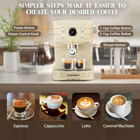 20 Bar Espresso Machine With Milk Frother Steam Wand For Latte And Cappuccino 2 In 1 Espresso Maker Powder And Capsule Portafilter 50 Oz Removable Water Tank White Home Coffee Maker displayed with coffee options.