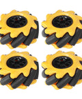 Four yellow sunflower-style Mecanum wheels with black hubs, 48mm, for omni-directional robot DIY kit