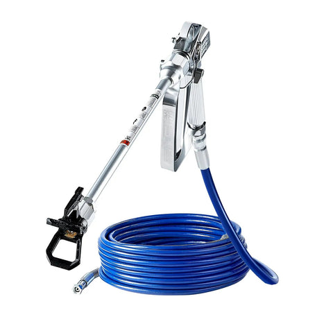 Pro Move Airless Paint Spray Gun And Hose Kit Featuring 3600 PSI Pressure Rating with blue hose and spray gun.