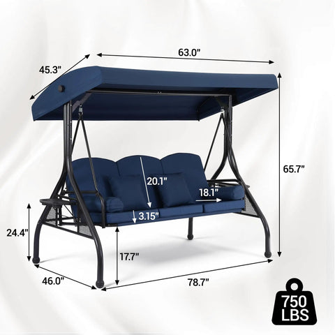 Measurements of Three Seat Outdoor Porch Swing With Adjustable Canopy And 2 In 1 Convertible Bed For Backyard Blue With Cup Holder And Pillow A Comfy Patio Glider For Adults