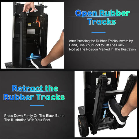 Ralozzd 1250W Electric Stair Climbing Dolly With 900 Lbs Max Load showing rubber track operation instructions.