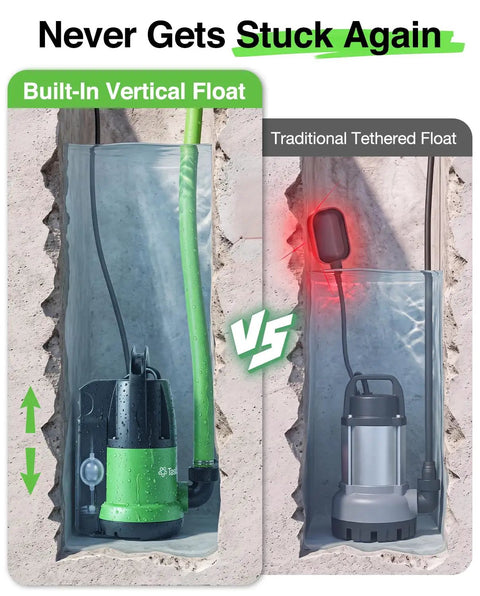 Comparison of Heavy Duty 1 HP Submersible Water Pump With Smart Float Switch and traditional tethered float designs.