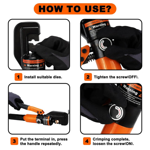 Instructions for using Heavy Duty Hydraulic Crimping Tool Kit With Cable Cutter And Nine Die Sets for crimping wires.