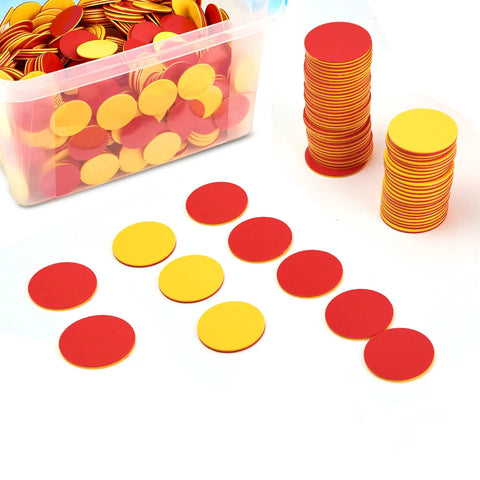 Two Sided Red And Yellow Counting Chips 1000 Piece Set in a clear container with stacked and scattered tiles for educational use.