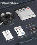 Addressable RGB LED Strip With WS2811 IC In Lit Dream Color 16.4Ft 60LED Per Meter 20 Pixels Per Meter IP65 Black PCB UL Listed Flexible DC12V Chasing Effects For Indoor Home Decor 3M Tape No Adapter Or Controller Included package contents with strip, connectors, and manual.