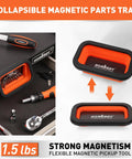 HORUSDY collapsible magnetic parts tray, orange interior with black exterior; shown expanded and collapsed.