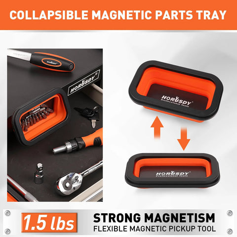 HORUSDY collapsible magnetic parts tray, orange interior with black exterior; shown expanded and collapsed.