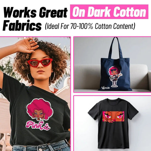 Dark Fabric Inkjet Heat Transfer Paper For Iron On T Shirts 10 Sheets 8.5x11 Printable For Dark Colors on black t-shirts and tote bag