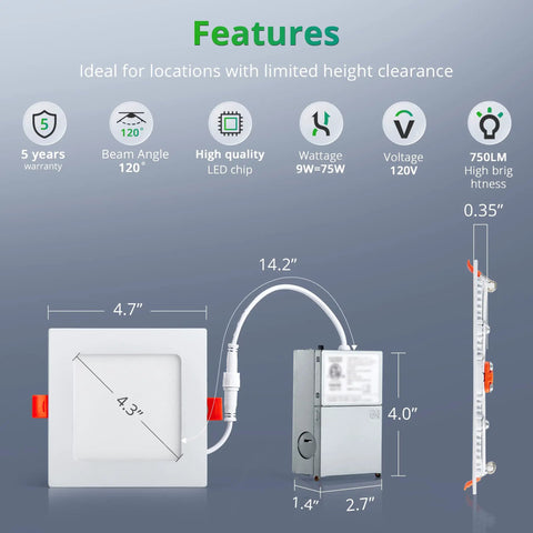 Six Pack LED Recessed Ceiling Lights With Junction Box Ultra Thin Square Downlights 5CCT 2700K To 5000K Adjustable