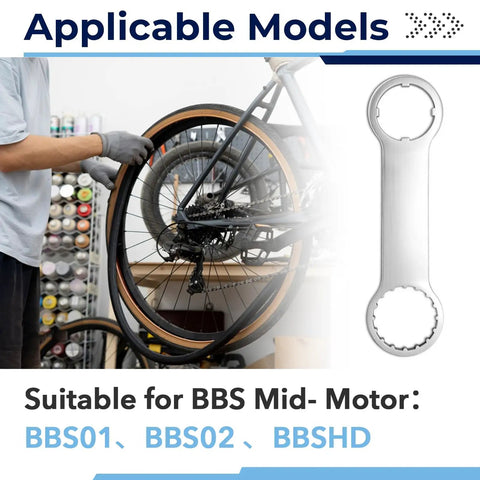 Beefy Heavy Duty Ebike Mid Drive Wrench For BBS01 BBS02 BBS02B BBSHD TSDZ8 TSDZ2B Bottom Bracket Removal Tool next to bike