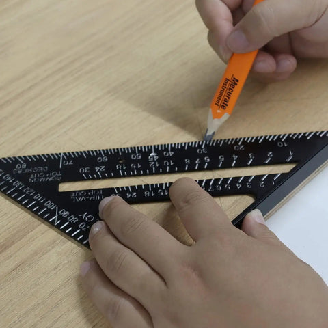 Using Heavy Duty 12 Inch Aluminum Alloy Triangle Rafter Square Beefy Pro Grade Carpenter Layout Tool on wood surface
