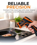 Infrared Temperature Gun For Cooking And Home Use Non Contact Surface Thermometer measuring steak on stove