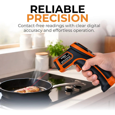 Infrared Temperature Gun For Cooking And Home Use Non Contact Surface Thermometer measuring steak on stove