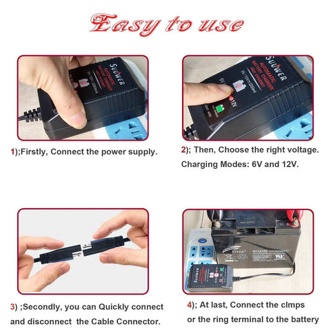 Automatic Trickle Battery Charger For 6V And 12V Batteries Hella Reliable 1250Ma smart maintainer in use, showing connection steps to battery.