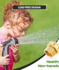 Child drinking from hose with Lead-Free Brass Garden Hose Fitting Adapter 2-Pack Swivel Double Female 3/4 GHT to 1/2 NPT Quick Connect inset