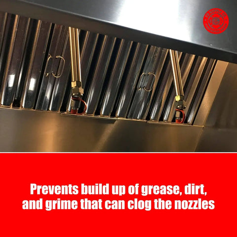 Installed Pro Grade Rubber Blow Off Caps For Ansul R102 and Piranha Kitchen Suppression Vent Hood Systems showing sealed nozzles.