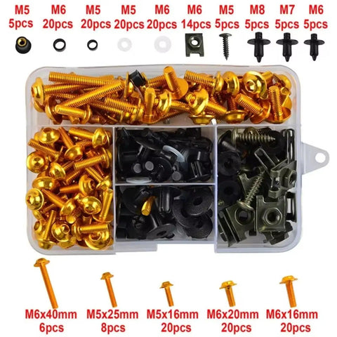 Motorcycle Nut And Bolts Set Kit With Countersunk Screws And Mounting Washers For Bike Body Work Yellow Hardware That Makes Repairs Quick And Easy For Quick Reliable Maintenance On The Go. M5-M8 assorted sizes in organizer box