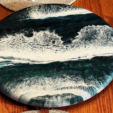 18 Inch Lazy Susan Rotating Table Organizer with coastal beach decor, ocean wave design, on wooden countertop