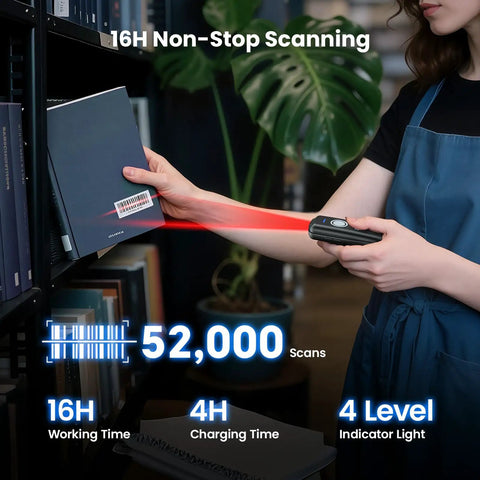 Person using Pocket Friendly Wireless Barcode Scanner With 3 In 1 Bluetooth Connectivity And Battery Level Indicator, USB CCD Image Reader For Small Business, Compatible With iPhone iPad Android POS And Computer, Ultra Lightweight Portable Bar Code Scanner in a library setting.