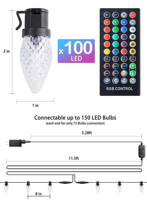 Smart RGB C9 LED Christmas Lights 66ft Music Sync With App Control diagram showing bulb, controller, and connections.