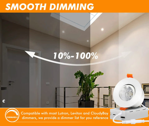 3 Inch 5CCT LED Eyeball Recessed Light Kit Dimmable Swivel Downlight With 2700K To 5000K Color Temp 8W Airtight ETL FCC Approved Easy Retrofit For Remodel Or New Construction Pack Of 6 smooth dimming feature.