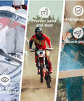 Motorcyclist in action illustrating features of anti-splashing and shock-proof qualities of Anti-Fog Safety Goggles With Clear Lens For Industrial And Workshop Use, Scratch-Resistant Protective Eyewear, Comfortable Fit, Ultra-Durable Shatterproof Polycarbonate Frames