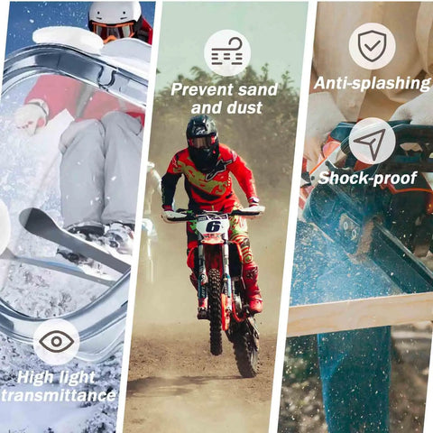 Motorcyclist in action illustrating features of anti-splashing and shock-proof qualities of Anti-Fog Safety Goggles With Clear Lens For Industrial And Workshop Use, Scratch-Resistant Protective Eyewear, Comfortable Fit, Ultra-Durable Shatterproof Polycarbonate Frames