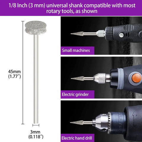 Pro Grade Stone Carving Set With Diamond Grinding Bits For Dremel And Other Rotary Tools, 52 Piece Polishing Kit Includes Multiple Shapes For Engraving, Polishing, And Grinding Stone Glass Ceramics, One Eighth Inch Shank shown with compatible shank sizes
