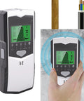 5 in 1 Wall Scanner Detector in hand with digital display, detecting wood, metal, and AC wires for home improvement.