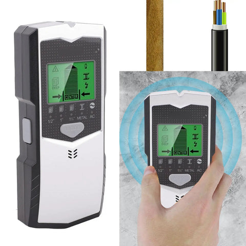 5 in 1 Wall Scanner Detector in hand with digital display, detecting wood, metal, and AC wires for home improvement.