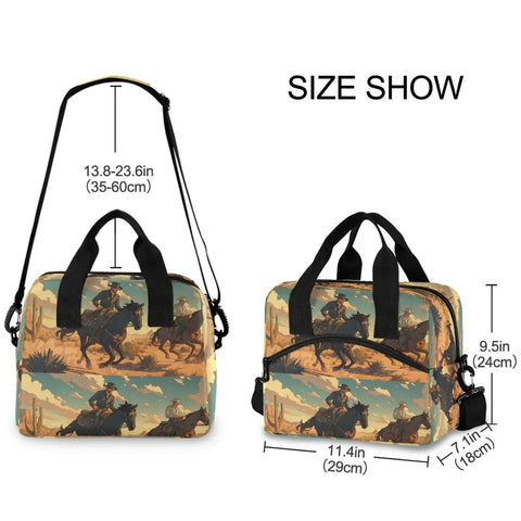 Desert Cowboy Style Insulated Lunch Bag 10L Cooler Tote Leakproof Portable with shoulder straps and cowboy print, size display