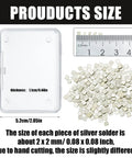 Three Gram Silver Chip Solder For Jewelry Making Precut 2x2 mm Flux Chips with product size and measurement details
