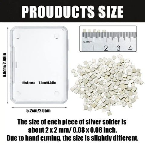 Three Gram Silver Chip Solder For Jewelry Making Precut 2x2 mm Flux Chips with product size and measurement details