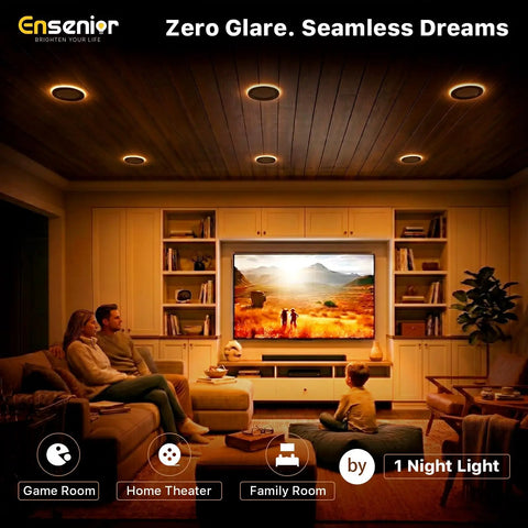 Ensenior 6 Pack 6 Inch LED Recessed Lights with Night Light, 5CCT 1100LM in cozy family room setting with soft ambient lighting.