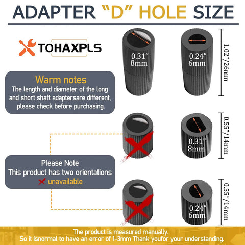 Diagram showing D hole size for 4 Pack Universal Stove Knobs Replacement With 12 Adapters Black Fits Oven Range Controls