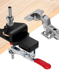 35mm Cabinet Door Concealed Hinge Jig With Quick Clamps And Snap-On Ruler for DIY woodworking, featuring black aluminum jig and silver hinge.
