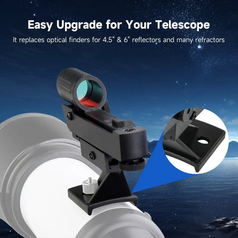 Red Dot Finder Scope For Astronomical Telescopes Reflex Viewfinder on telescope with two hole mounting detail close-up.