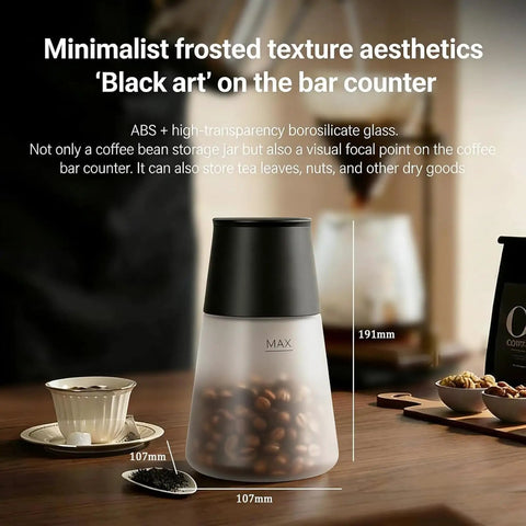 Smart Vacuum Coffee Bean Storage Container With Digital Temperature And Humidity Display Tracks Freshness, 650ml size on bar counter.