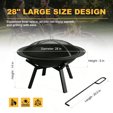 Heavy Duty Round Steel Wood Burning Fire Pit For Backyard And Patio Or Camping Bonfires 28 Inch Black Finish With Mesh Spark Screen