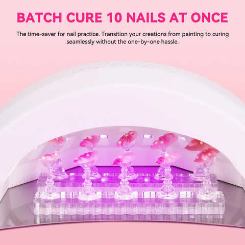 Magnetic Nail Stand Set For Press On Nails Handy Nail Art Display Holder with pink nails under UV lamp curing 10 at once
