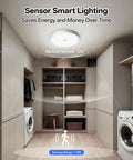 Installed Rechargeable Ceiling Light With Motion Sensor And Remote 12000mAh Battery Powered Closet Light For Shower Garage And Porch Long Lasting Bright 6500K Cool White Wireless Easy Install in a laundry room.